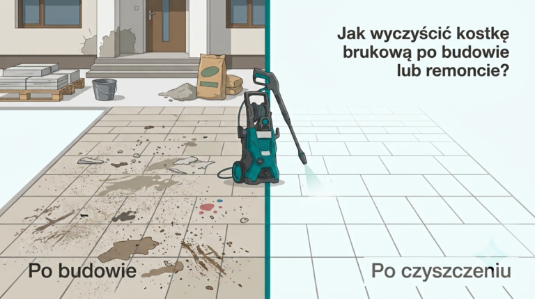 Czyszczenie kostki brukowej po budowie z pyłu zaprawy i cementu porównanie